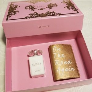Versace box,perfumed body lotion and passport case